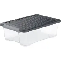 Rotho CORE PLUS Lot de 4 boîtes de rangement 30 l – 59 × 39,5 × 18,5 cm – Boîtes en plastique avec couvercle, poignées verrouillables, adaptées au contact alimentaire, empilables, transparentes/noires