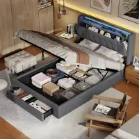MODFU Lit rembourré 140×190 pour jeunes avec lumière LED et prises, cadre de lit boxspring avec tiroirs et coffre, lit avec rangement, Gris (sans matelas)