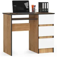 Akord Bureau A-6 Chêne Craft Blanc avec trois tiroirs et étagère coulissante pour bureau à domicile et chambre d'enfants