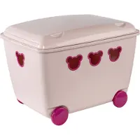 BranQ Bear Box Coffre à jouets avec couvercle et roulettes Coffre de rangement Ours 55L rose
