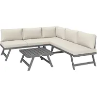 Outsunny Salon de jardin extérieur d'angle et convertible 4 pièces avec 2 banquettes, 1 fauteuil d'angle et 1 table basse, aluminium et acier mobilier de jardin pour balcon terrasse, beige