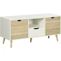 HOMCOM Meuble TV banc TV style scandinave 2 portes tiroir niche piètement bois de pin panneaux blanc aspect chêne clair