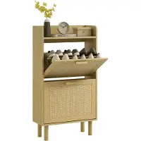 HOMCOM Meuble à chaussures style bohème chic - 2 portes abattantes, étagère - cannage rotin aspect bois clair