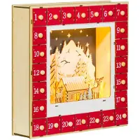 HOMCOM Calendrier de l'Avent LED, décorations de Noël en bois, 24 tiroirs à remplir, décoration lumineuse, villages, montagnes, forêts, rennes et étoiles, rouge