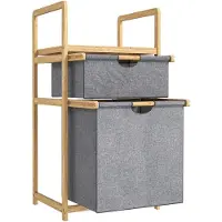 HOMCOM Panier à linge en bambou - panier à linge 2 bacs et étagère - panier à linge double - tissu gris