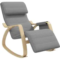 HOMCOM Fauteuil à bascule - fauteuil relax repose-pied réglable, poche rangement, tétière - bois tissu gris