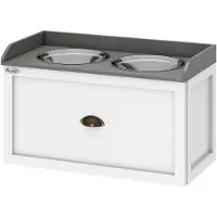 PawHut Gamelle Double Chien Chat Porte-Gamelles Surélevé Avec 2 Bols En Acier Inoxydable Tiroir De Rangement 60 X 30 X 36 Cm Blanc