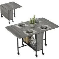 HOMCOM Table à manger pliante, table pliante cuisine rectangulaire extensible sur roulettes jusqu'à 6 personnes, 6 roues et étagère intégrée, pour petits espaces, salle à manger, gris