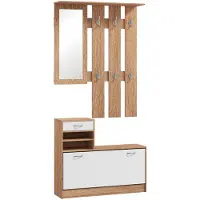 HOMCOM Ensembles 3 en 1 de meuble d'entrée vestiaire avec panneau porte-manteau, miroir et banc à chaussures - 6 crochets et étagère réglable, bois noyer et blanc