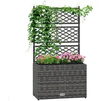 Outsunny Jardinire pour plantes avec treillis 2 pots bac plante jardinire 22L jardin balcon patio terrasse extrieur en rsine tresse et acier 57 x 30 x 107 cm gris