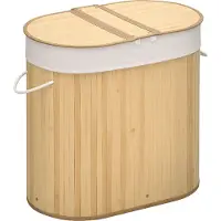 HOMCOM Panier à linge corbeille à linge bac à linge 100 L 2 compartiments couvercle sac amovible 2 poignées tissu bambou