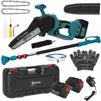 Outsunny Mini tronçonneuse à batterie 8 pouces 6000mAh 580W élagueuse sans fil pour branches et jardin avec 2 batteries perche télescopique et verrouillage de sécurité bleu