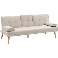 HOMCOM Canapé convertible 3 places design scandinave inclinaison dossier réglable 3 niveaux dossier central rabattable 2 porte-verres bois massif lin beige