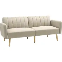 HOMCOM Canapé convertible 2 places design scandinave dossier inclinable 3 positions pieds bois tissu aspect lin beige