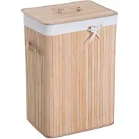 HOMCOM Panier ? linge corbeille ? linge bac ? linge bambou pliable couvercle sac amovible 3 poign?es PU 40L x 30l x 60H cm beige