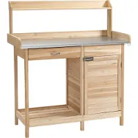Outsunny Table de rempotage table de jardinage avec 2 šŠtagššres, tiroir, placard, plateau t?le acier galvanisšŠ avec rebord, 3 crochets - table de plantation bois sapin