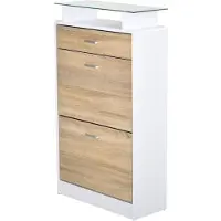 HOMCOM Armoire À Chaussures Organisateur De Luxe Pour Chaussures 2 Portes Abattantes 2 Compartiments, Tiroir, Étagère Verre Panneaux Particules Chêne Blanc