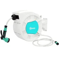 Outsunny Enrouleur tuyau arrosage, dévidoir de tuyaux d'eau, 25+2 m, avec support mural + poignée, pivotant à 180°, 7 options de jets d'arrosage, gris clair