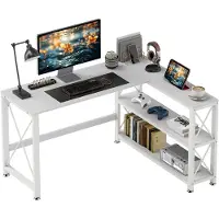 HOMCOM Bureau d'angle modulable réversible, bureau avec rangement style moderne avec étagère de rangement, cadre en métal, table d'ordinateur pour petits espaces, salon, 135 x 110 x 75 cm, blanc