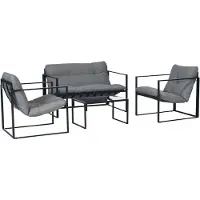 Outsunny Salon de jardin 4 pièces 4 personnes avec canapé 2 places, 2 fauteuils et 1 table basse 3 coussins pour terrasse Jardin - acier noir polyester gris