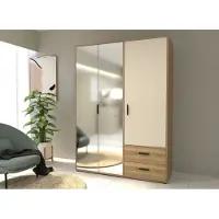 Forte Armoire de chambre - MOKKARO -Reproduction Chene et sable - 3 portes battantes - 2 tiroirs - 2 miroirs - L144,4 x P52,7 x H200cm