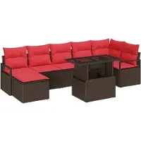 vidaXL Ensemble de canapés de jardin avec coussins, 8 pièces, en polyrotin marron et rouge