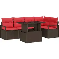 vidaXL Ensemble de canapés de jardin avec coussins, 6 pièces, en polyrotin marron et rouge