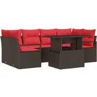 vidaXL Ensemble de canapés de jardin avec coussins, 7 pièces, en polyrotin marron et rouge