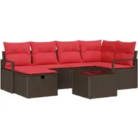 vidaXL Ensemble de salon de jardin , 7 pièces, 6 places, marron et rouge, en résine tressée