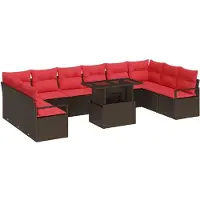 vidaXL Ensemble de canapés de jardin, 11 pièces, 10 places, marron et rouge, en résine tressée