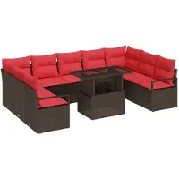 vidaXL Ensemble de canapés de jardin , 10 pièces, 9 places, couleur marron et rouge, en polyrotin