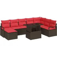 vidaXL Ensemble de canapés de jardin avec coussins, 9 pièces, en polyrotin marron et rouge