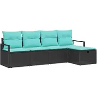 vidaXL Ensemble de salon , 5 pièces, couleur noire et turquoise, en résine tressée (polyrotin), pour 5 personnes