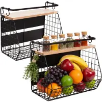 Relaxdays Obstkorb Wandregal magnetisch 2er Set, Organisateurs de cuisine, Noir, Marron