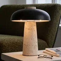 LumenXL Lampe de table Japandi Tavio en travertin (pierre naturelle) avec abat-jour noir
