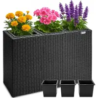 Casaria Pot de fleur en résine tressée noir 83 x 30,5 x 60cm avec 3 pots