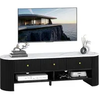 HOMCOM Meuble TV 140 cm, meuble télé pour téléviseur 32-65 pouces effet marbre avec 3 tiroirs façades à cannelures, 2 étagères ouvertes et 2 trous pour câbles, banc TV moderne, noir
