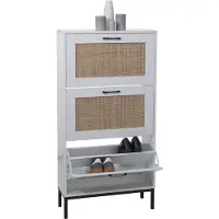 Mendler Armoire à chaussures HWC-N92, Meuble à chaussures, 3 compartiments façade en rotin mélamine, 126x63x24cm blanc