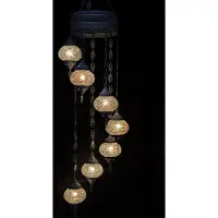 Halay Suspension avec mosaïque en verre coloré, lustre oriental blanc crème, 7 boules en verre, fabriqué à la main en Turquie