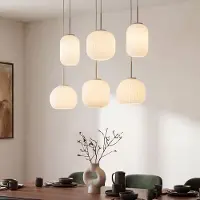 LumenXL Moderne suspension beige Odalyn avec 6 abat-jours en verre blanc laiteux nervuré