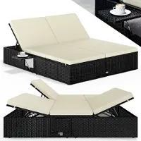 Casaria Bain de Soleil Double en Polyrotin Noir avec Coussins Creme Salon de Jardin Exterieur Design pour Terrasse ou Piscine Hors Sol et Salon de Jardin Contemporain