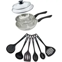 Fackelmann Set 2 poêles 20 et 24 cm en inox, couvercles verre et 6 ustensiles Geneva
