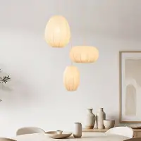LumenXL Suspension Japandi à 3 lumières Fabrica avec abat-jours en tissu type lanterne - beige chaud avec une nuance rosée