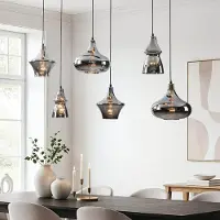 LumenXL Suspension industrielle Calypso noire avec six abat-jours en verre fumé