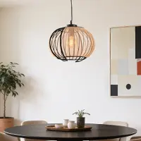 LumenXL Suspension Lofas noire avec abat-jour métallique ouvert et tissu beige