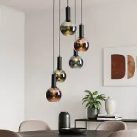 LumenXL Suspension design Imme à 5 lumières avec verre gris-bleu fumé, vert et cuivré