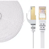 Elfcam Câble patch plat Cat 7, 30 m, blanc, câble réseau RJ45 S/FTP, 10 Gbit/s, 600 MHz, 100 % cuivre, câble Ethernet LAN pour routeur, PC, console, fibre optique