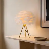 LumenXL Lampe de table Saphira avec plumes blanches et pied en laiton doré