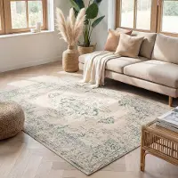 FRAAI Tapis vintage - Spring Ethnic Crème/Vert | 80x150 cm | Rectangulaire | Pile courte
