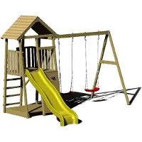 Wendi Toys Maison de jeux pour enfants, tour à grimper "Pingouin" avec toboggan, mur d'escalade et 2 balançoires bois / jaune